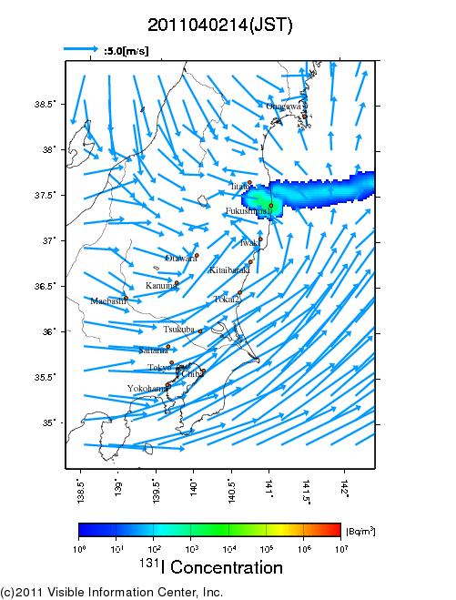 地表付近 大気中濃度分布[Bq/m3]　2011-04-02 14時