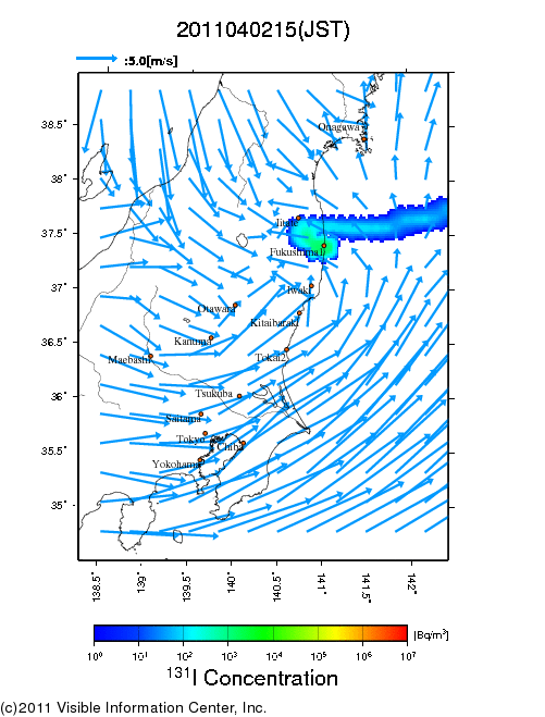 地表付近 大気中濃度分布[Bq/m3]　2011-04-02 15時