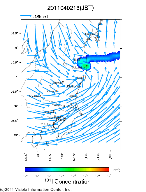 地表付近 大気中濃度分布[Bq/m3]　2011-04-02 16時