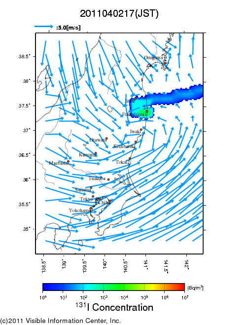 地表付近 大気中濃度分布[Bq/m3]　2011-04-02 17時