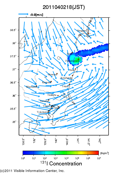 地表付近 大気中濃度分布[Bq/m3]　2011-04-02 18時