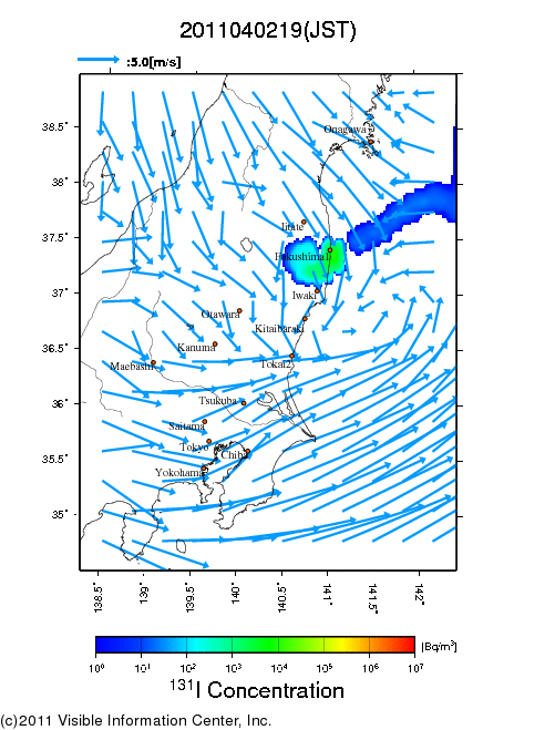 地表付近 大気中濃度分布[Bq/m3]　2011-04-02 19時