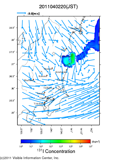 地表付近 大気中濃度分布[Bq/m3]　2011-04-02 20時