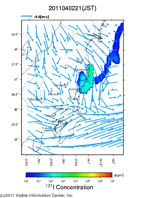 地表付近 大気中濃度分布[Bq/m3]　2011-04-02 21時