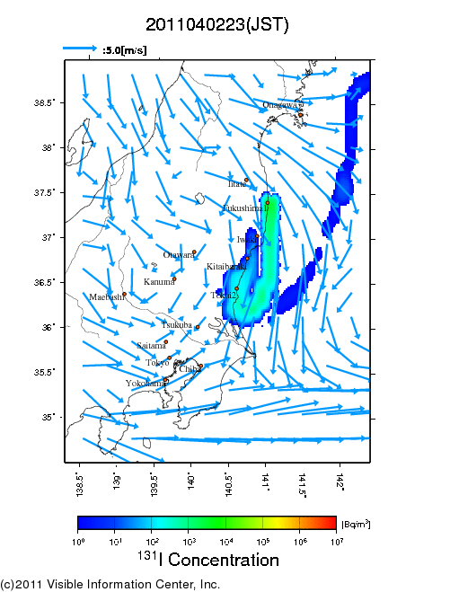 地表付近 大気中濃度分布[Bq/m3]　2011-04-02 23時