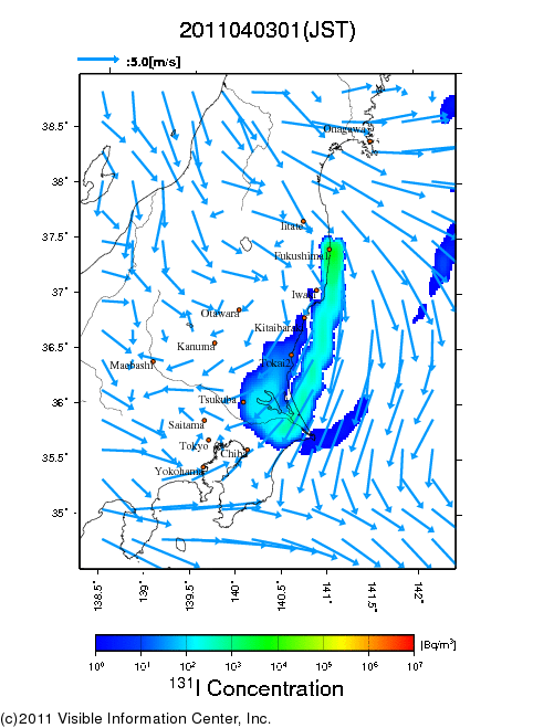 地表付近 大気中濃度分布[Bq/m3]　2011-04-03 01時