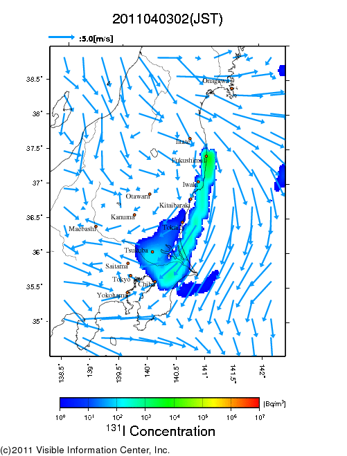 地表付近 大気中濃度分布[Bq/m3]　2011-04-03 02時