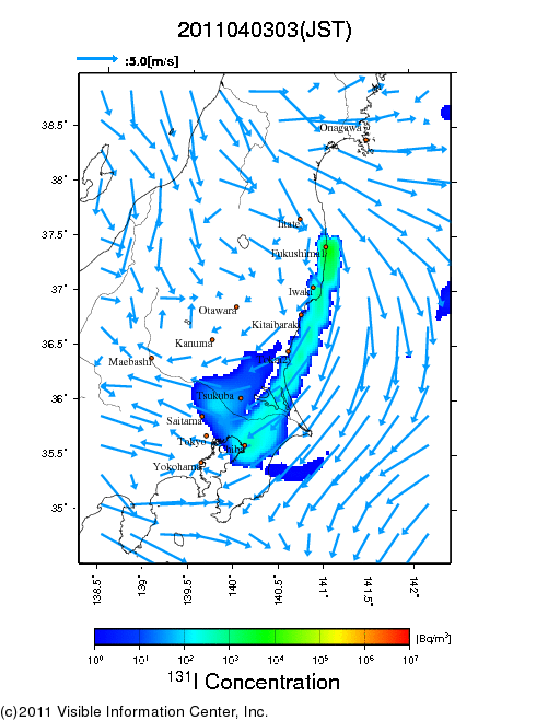 地表付近 大気中濃度分布[Bq/m3]　2011-04-03 03時