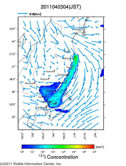 地表付近 大気中濃度分布[Bq/m3]　2011-04-03 04時