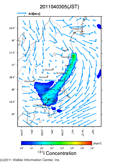 地表付近 大気中濃度分布[Bq/m3]　2011-04-03 05時