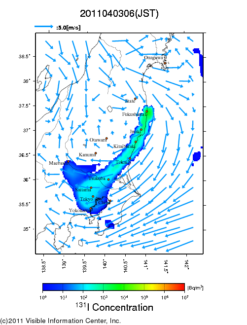 地表付近 大気中濃度分布[Bq/m3]　2011-04-03 06時