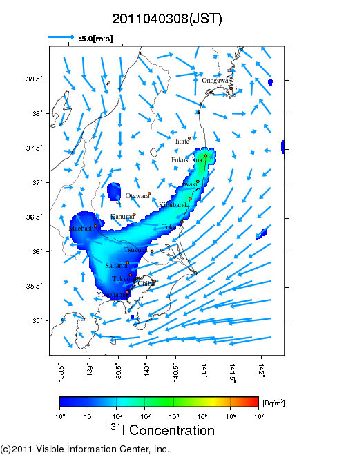 地表付近 大気中濃度分布[Bq/m3]　2011-04-03 08時