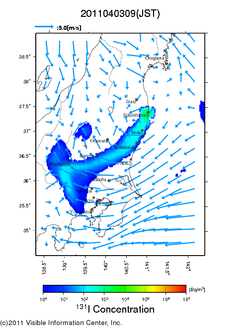 地表付近 大気中濃度分布[Bq/m3]　2011-04-03 09時