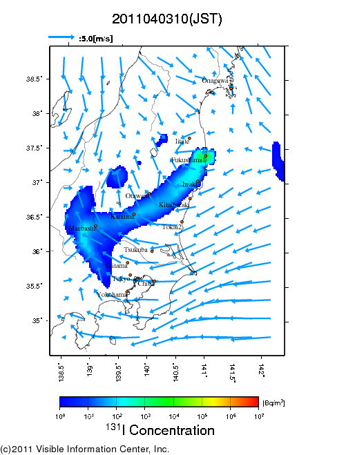 地表付近 大気中濃度分布[Bq/m3]　2011-04-03 10時