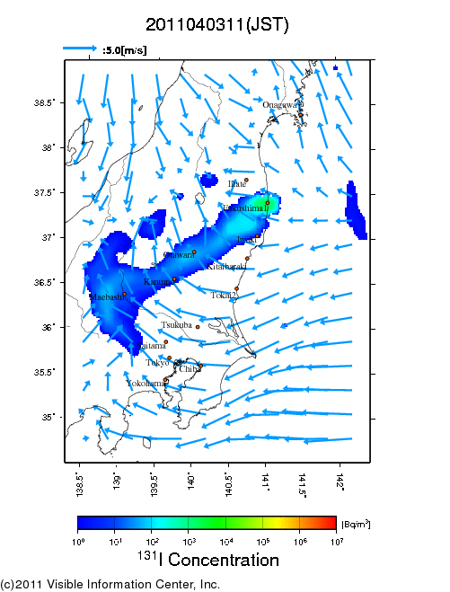 地表付近 大気中濃度分布[Bq/m3]　2011-04-03 11時