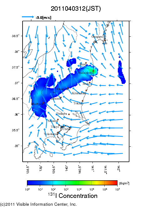 地表付近 大気中濃度分布[Bq/m3]　2011-04-03 12時