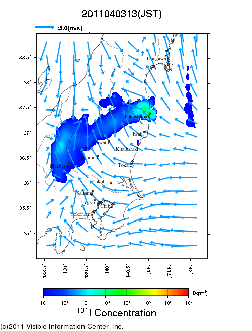 地表付近 大気中濃度分布[Bq/m3]　2011-04-03 13時