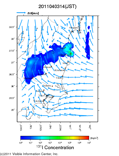 地表付近 大気中濃度分布[Bq/m3]　2011-04-03 14時