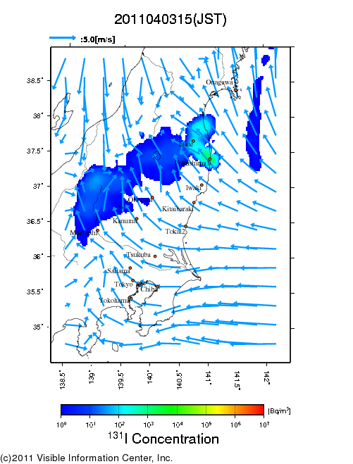 大気中濃度分布[Bq/m3]　2011040315
