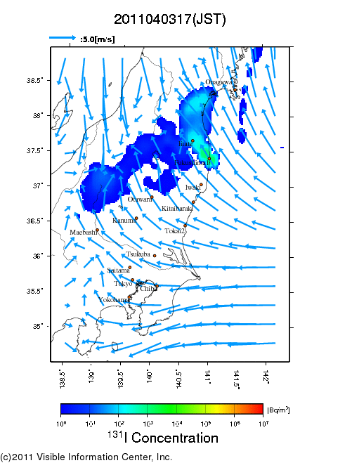 地表付近 大気中濃度分布[Bq/m3]　2011-04-03 17時