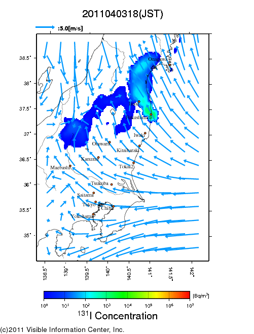 地表付近 大気中濃度分布[Bq/m3]　2011-04-03 18時