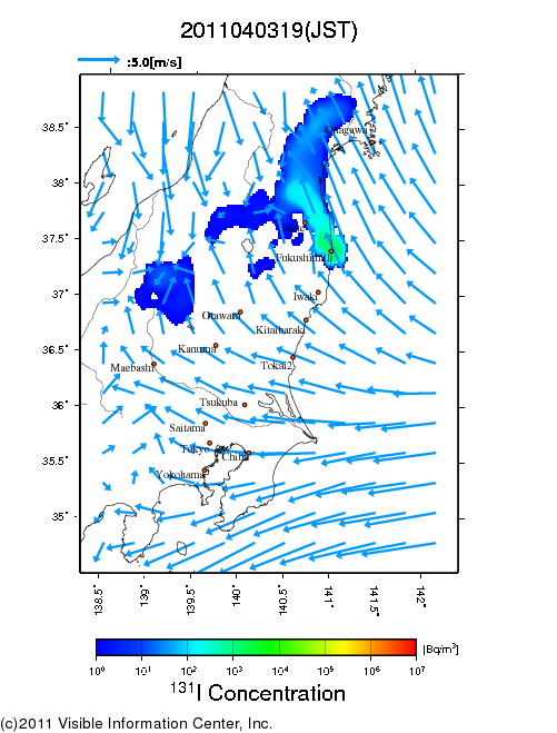 地表付近 大気中濃度分布[Bq/m3]　2011-04-03 19時