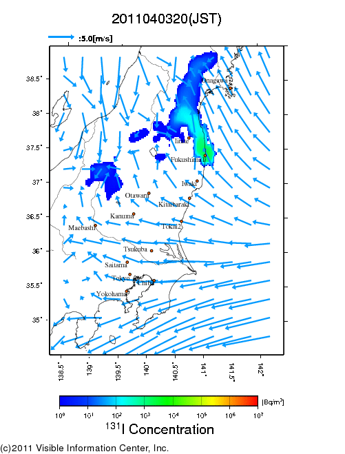 地表付近 大気中濃度分布[Bq/m3]　2011-04-03 20時