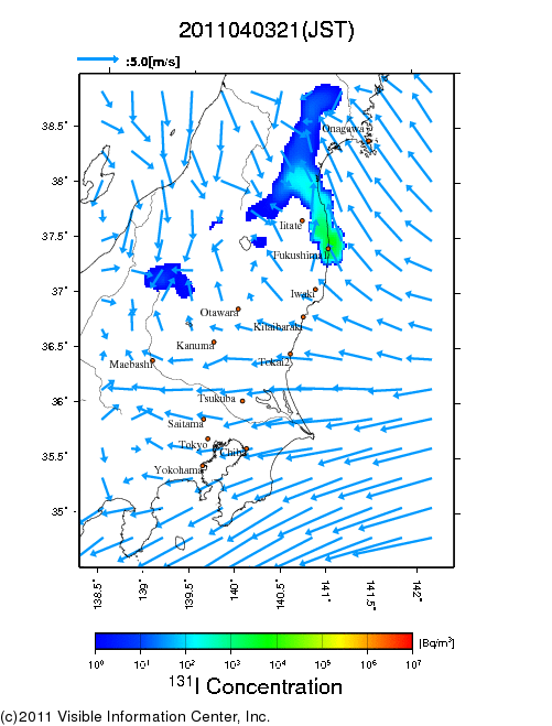 地表付近 大気中濃度分布[Bq/m3]　2011-04-03 21時