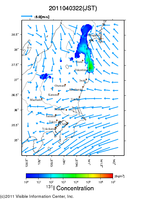 地表付近 大気中濃度分布[Bq/m3]　2011-04-03 22時