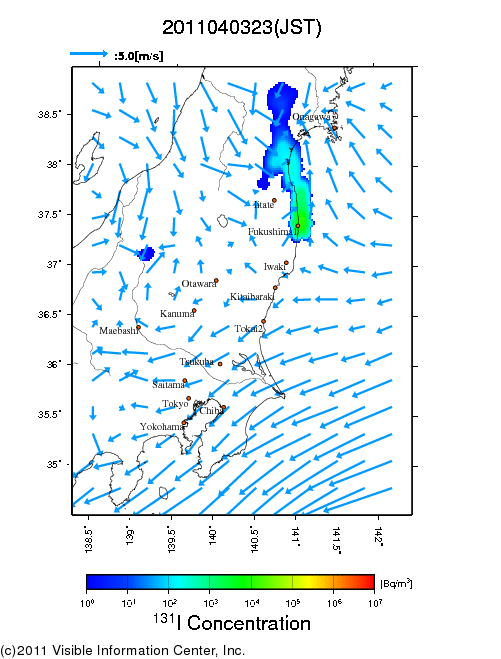 地表付近 大気中濃度分布[Bq/m3]　2011-04-03 23時