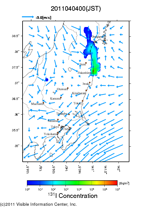 地表付近 大気中濃度分布[Bq/m3]　2011-04-04 00時