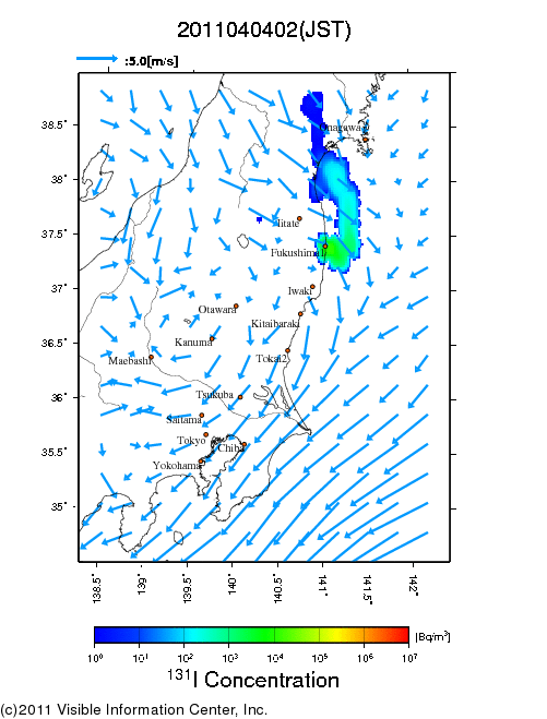 地表付近 大気中濃度分布[Bq/m3]　2011-04-04 02時