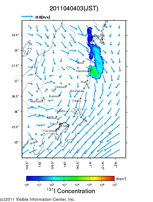 地表付近 大気中濃度分布[Bq/m3]　2011-04-04 03時
