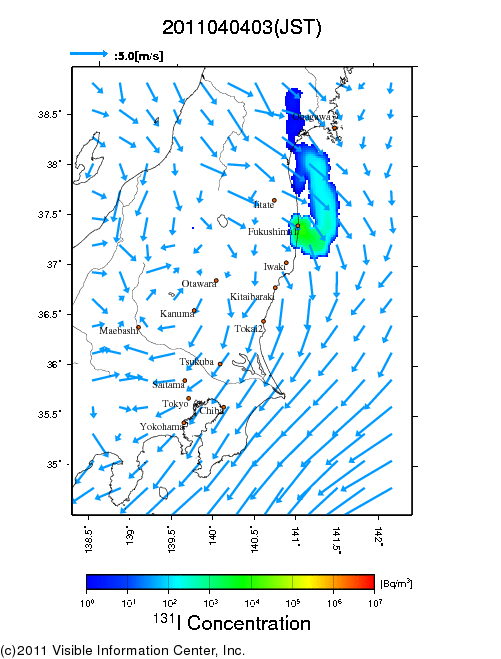 大気中濃度分布[Bq/m3]　2011040403