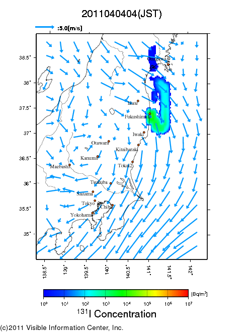 地表付近 大気中濃度分布[Bq/m3]　2011-04-04 04時