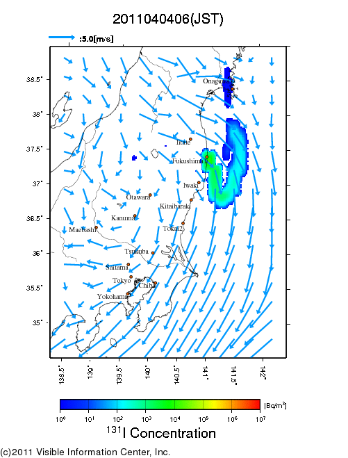 地表付近 大気中濃度分布[Bq/m3]　2011-04-04 06時