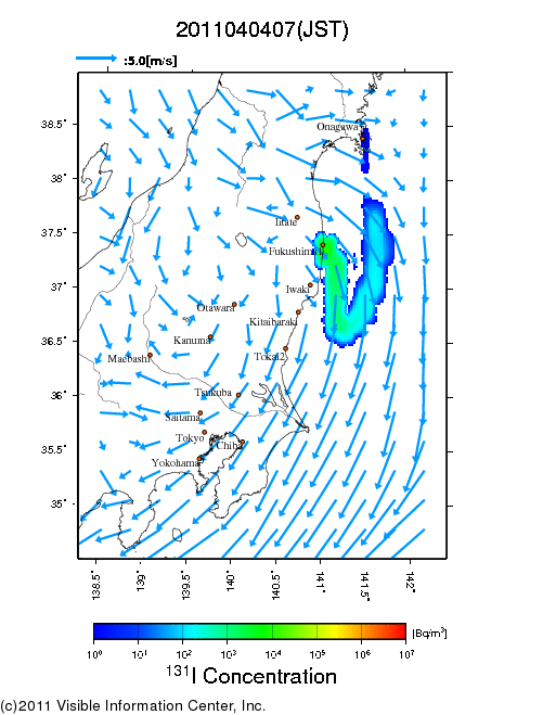 地表付近 大気中濃度分布[Bq/m3]　2011-04-04 07時