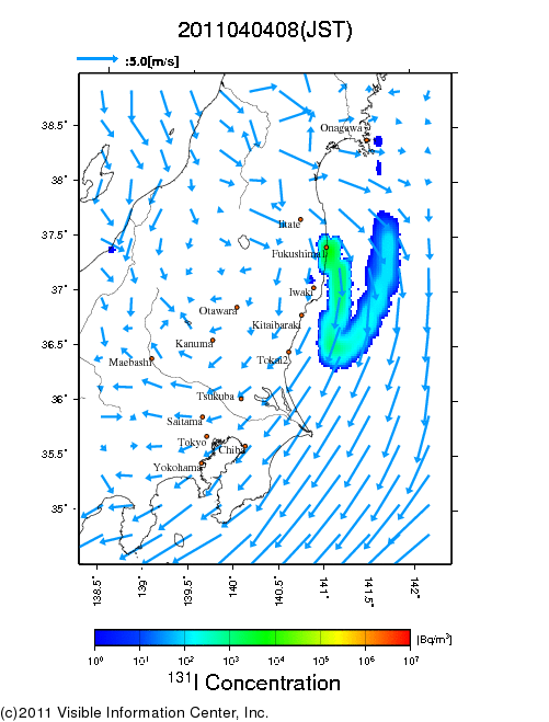 地表付近 大気中濃度分布[Bq/m3]　2011-04-04 08時