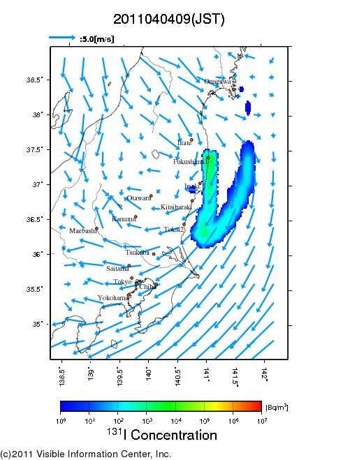 地表付近 大気中濃度分布[Bq/m3]　2011-04-04 09時