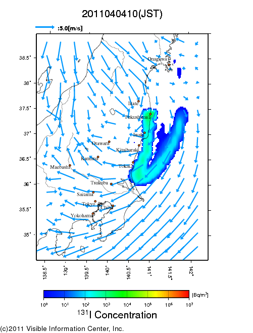 地表付近 大気中濃度分布[Bq/m3]　2011-04-04 10時