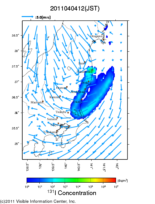 大気中濃度分布[Bq/m3]　2011040412