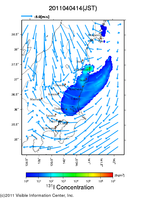 大気中濃度分布[Bq/m3]　2011040414