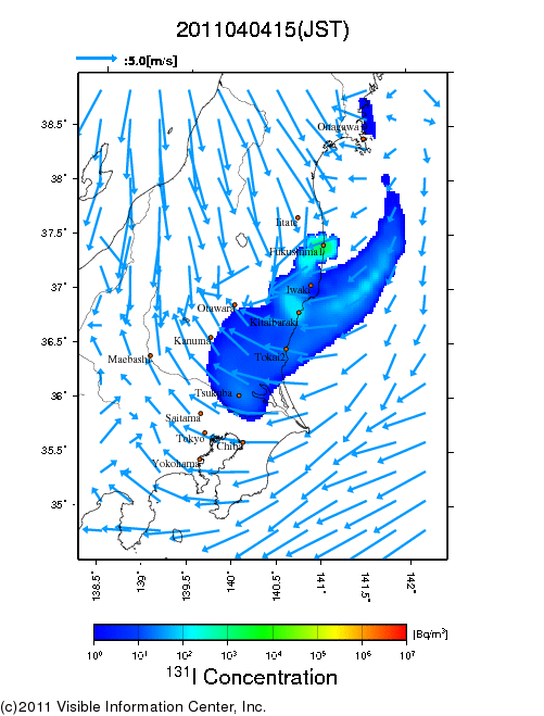 地表付近 大気中濃度分布[Bq/m3]　2011-04-04 15時