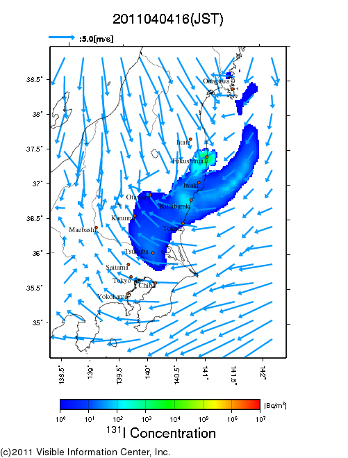 地表付近 大気中濃度分布[Bq/m3]　2011-04-04 16時