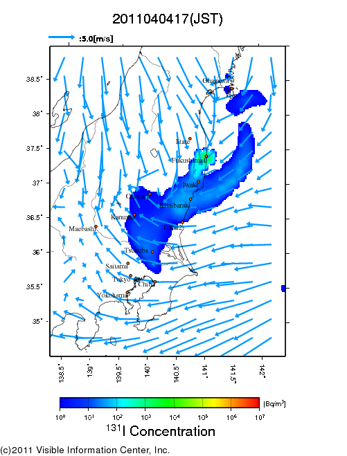 大気中濃度分布[Bq/m3]　2011040417