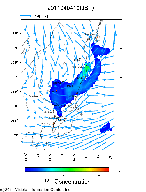 地表付近 大気中濃度分布[Bq/m3]　2011-04-04 19時