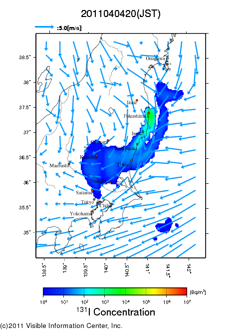 地表付近 大気中濃度分布[Bq/m3]　2011-04-04 20時