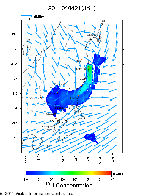 地表付近 大気中濃度分布[Bq/m3]　2011-04-04 21時