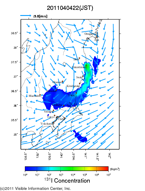 地表付近 大気中濃度分布[Bq/m3]　2011-04-04 22時