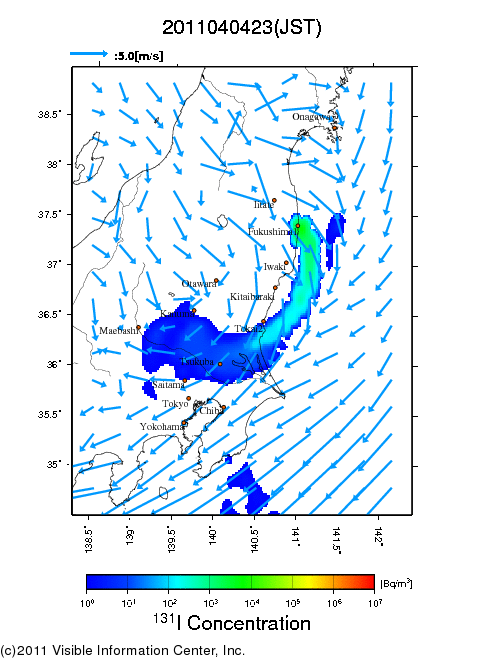 地表付近 大気中濃度分布[Bq/m3]　2011-04-04 23時